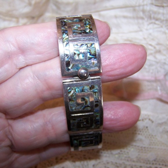 Los Ballesteros Sterling Silver Abalone Inlay Link Bracelet - Greek Key Design - Picture 7 of 9